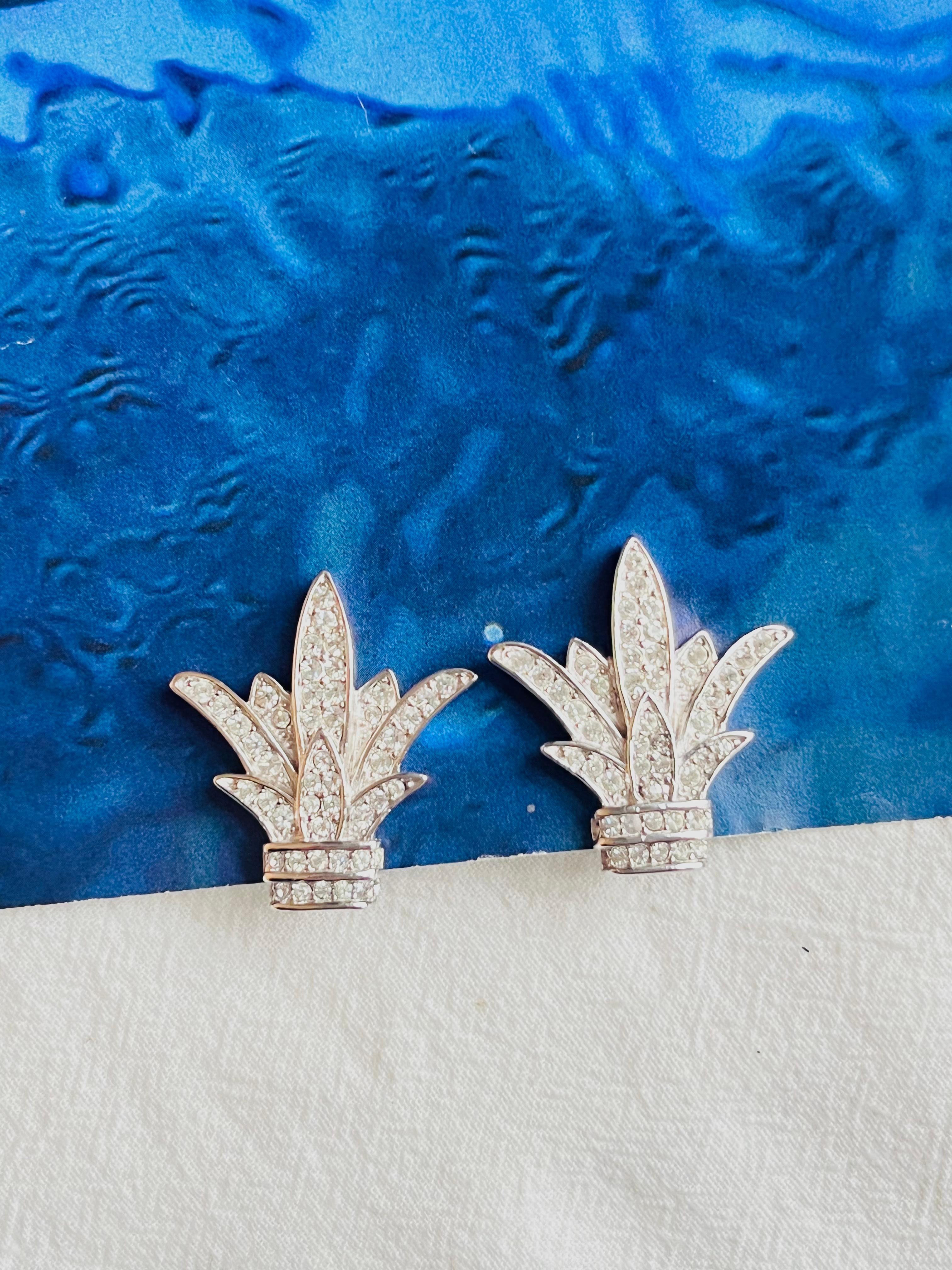 Art Deco Christian Dior Vintage Fleur De Lis Crystals Lily Flower Leaf Silver Earrings For Sale