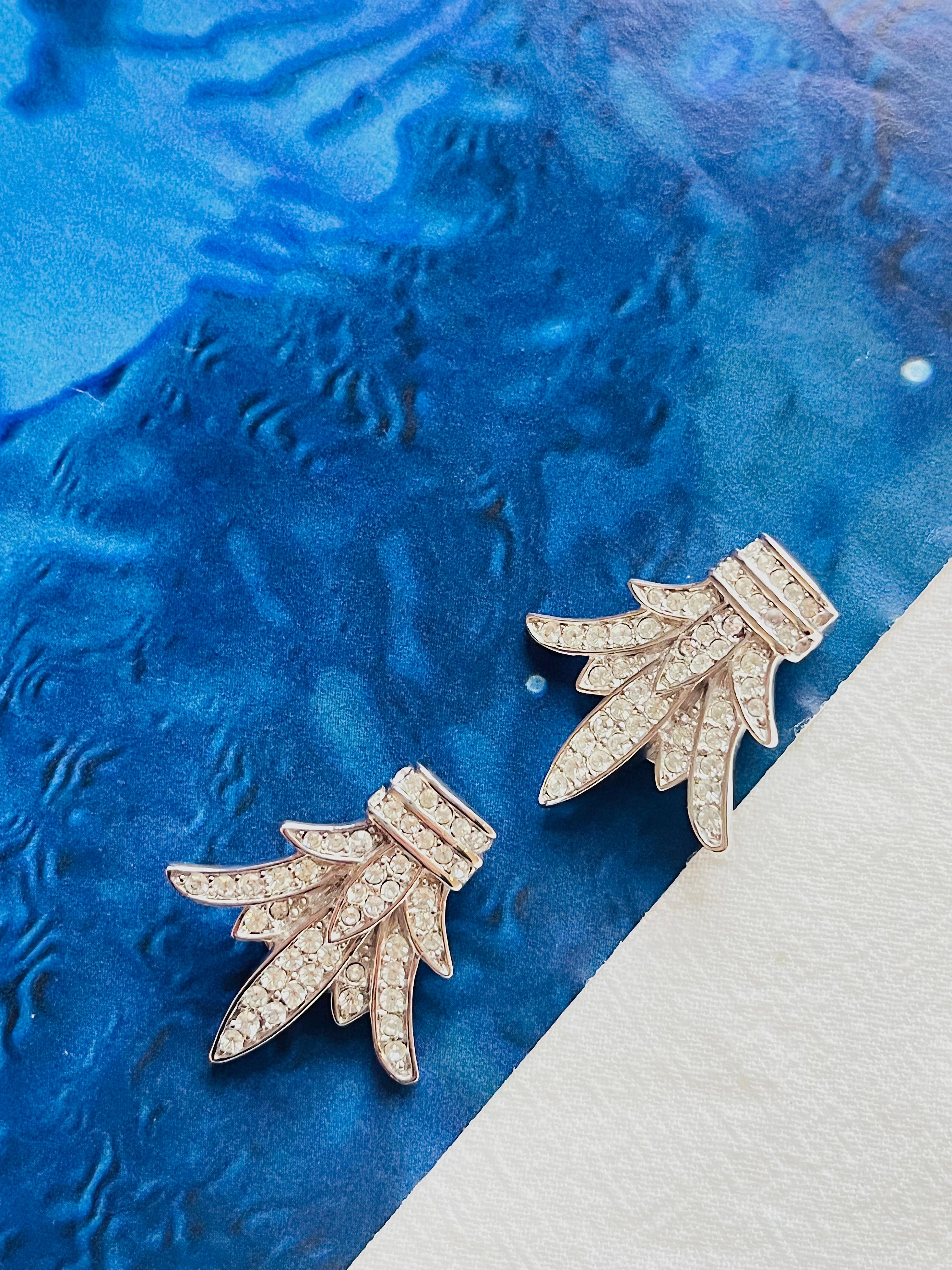 Women's or Men's Christian Dior Vintage Fleur De Lis Crystals Lily Flower Leaf Silver Earrings For Sale