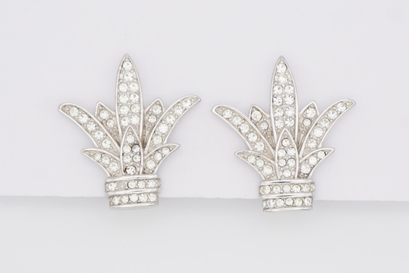 Christian Dior Vintage Fleur De Lis Crystals Lily Flower Leaf Silver Earrings For Sale 3