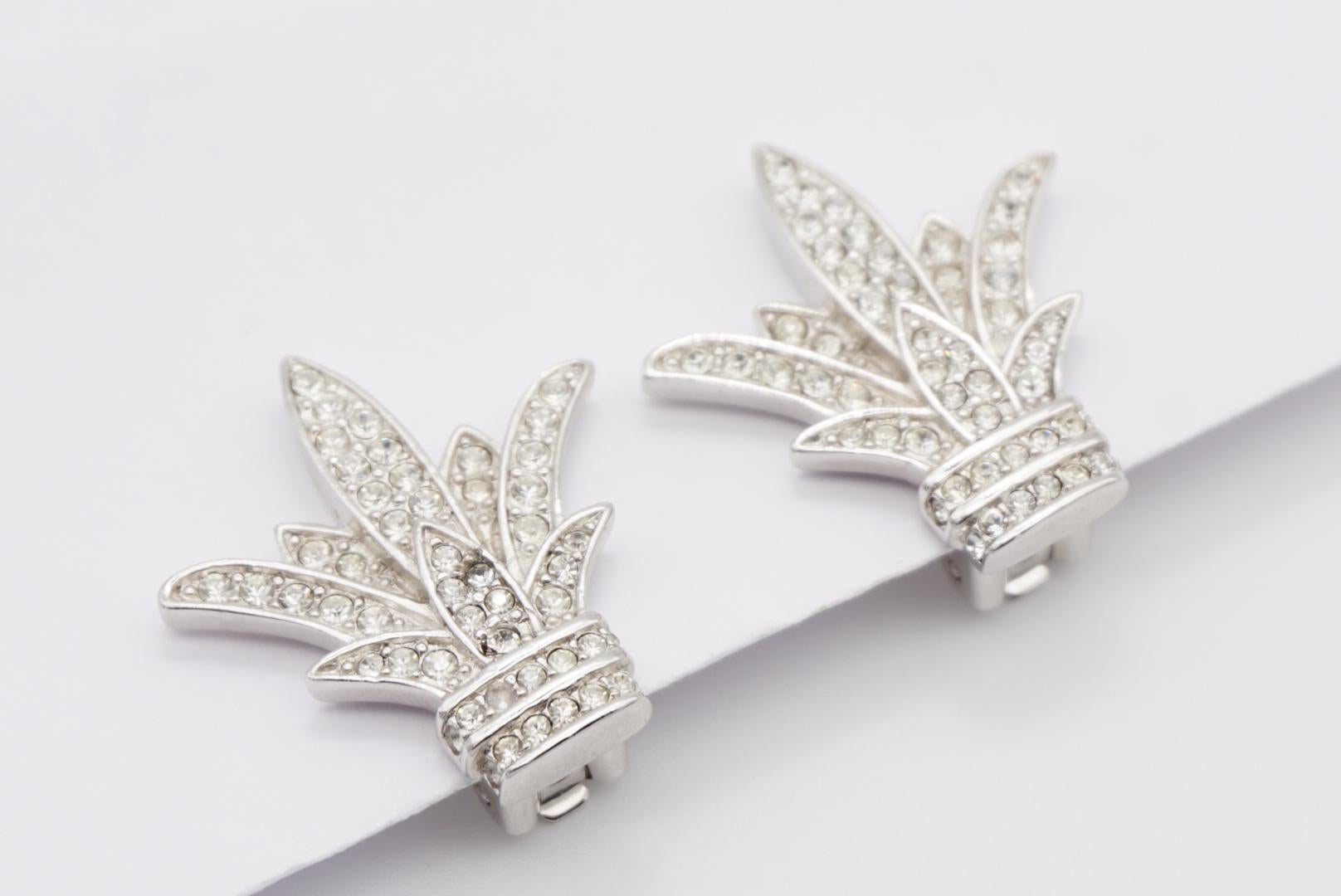 Christian Dior Vintage Fleur De Lis Crystals Lily Flower Leaf Silver Earrings For Sale 4