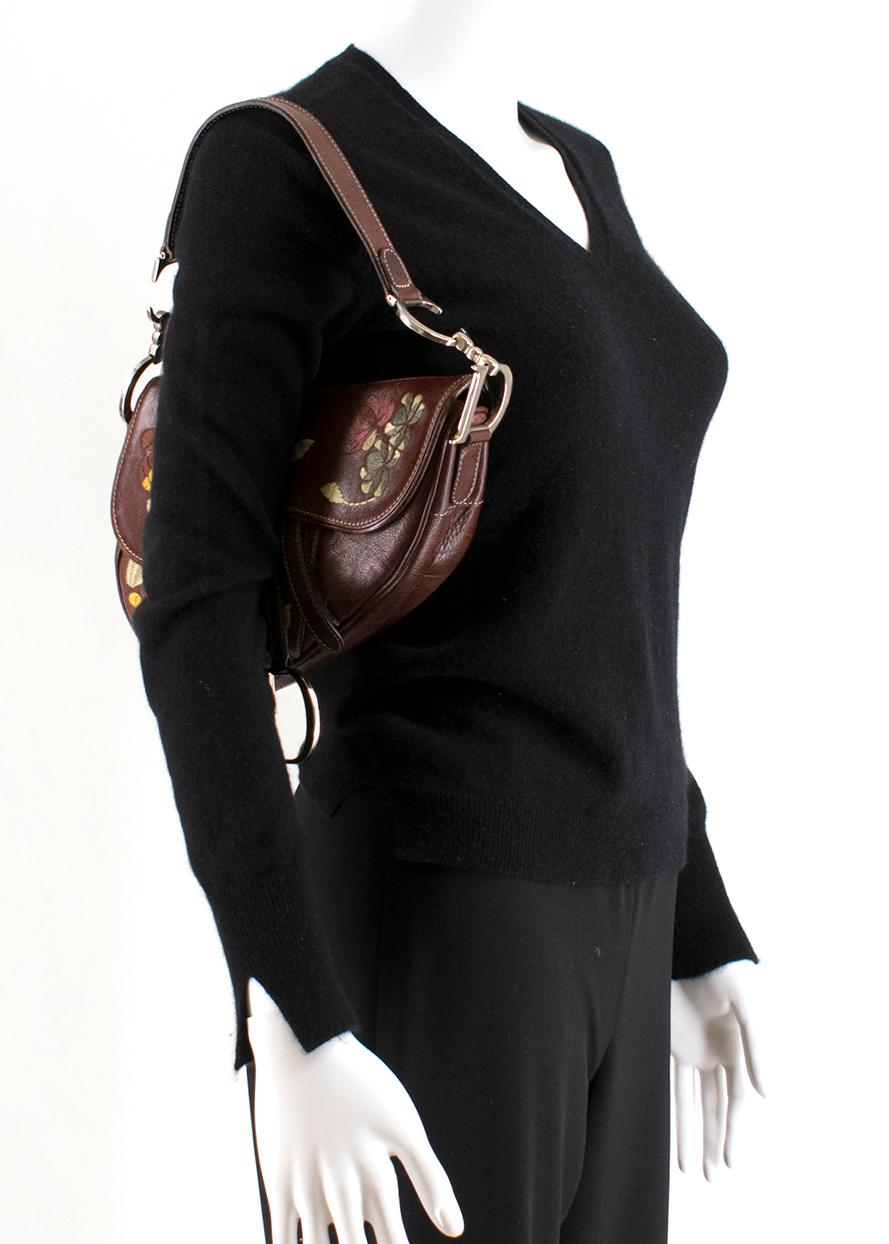 Black Christian Dior Vintage Floral Embroidered Leather Saddle Bag 