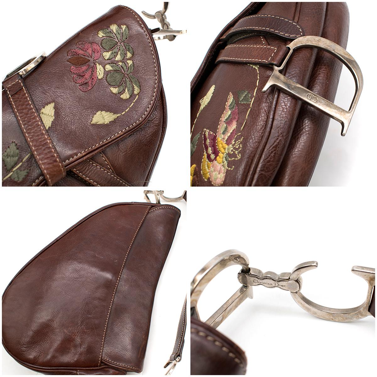 Women's Christian Dior Vintage Floral Embroidered Leather Saddle Bag 