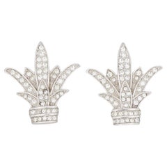 Christian Dior Vintage Flower Crystals Fleur De Lis Lily Leaf Silver Earrings