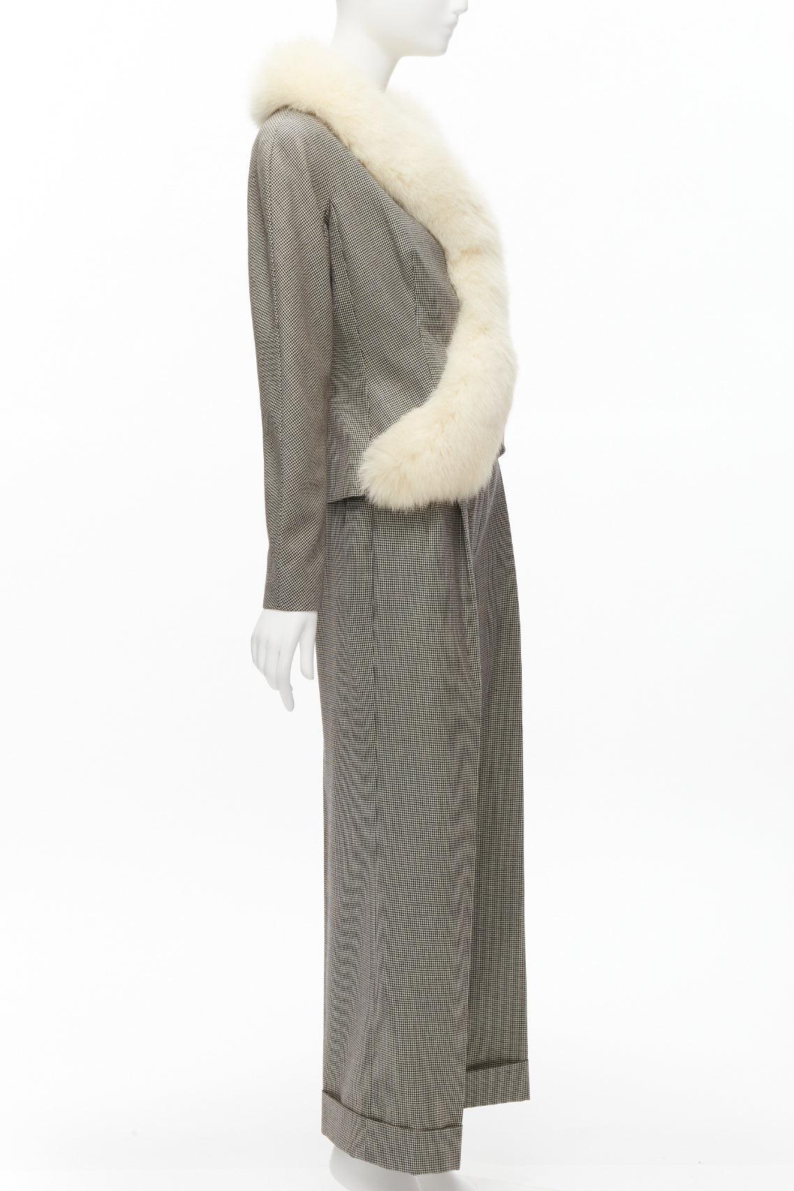 Women's CHRISTIAN DIOR Vintage Galliano 1999 white fur trim grey houndstooth jacket
