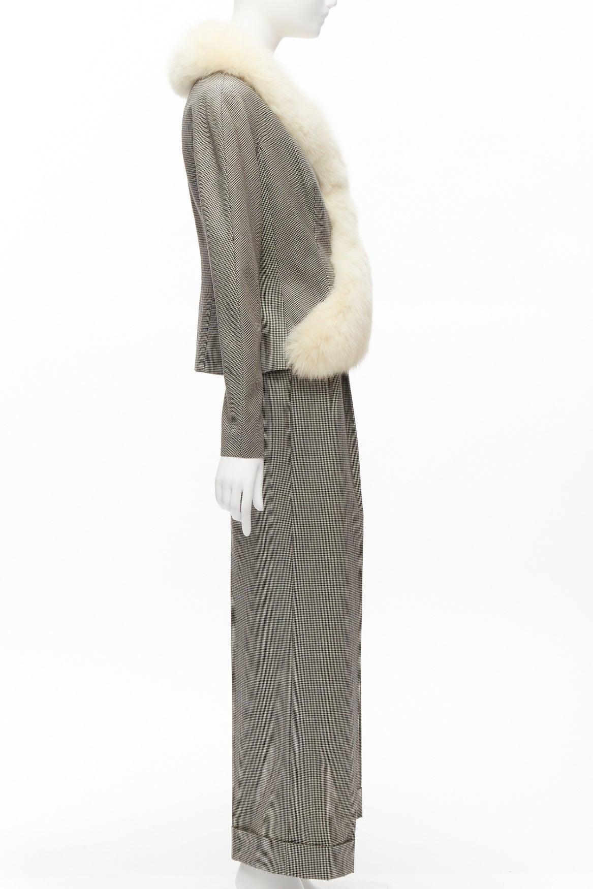 CHRISTIAN DIOR Vintage Galliano 1999 white fur trim grey houndstooth jacket 1