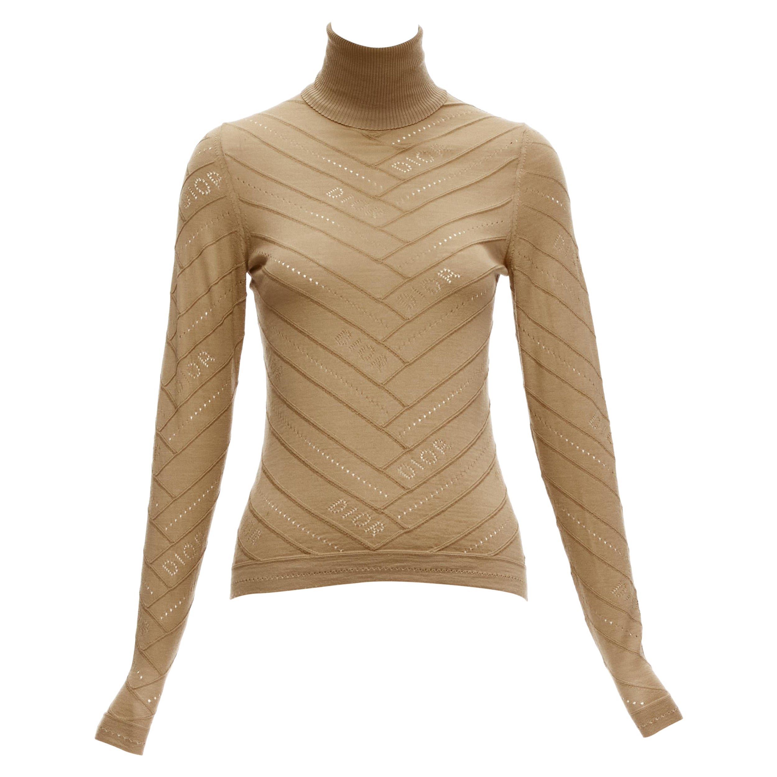 CHRISTIAN DIOR Vintage Galliano brown logo Pointelle turtleneck sweater FR36 S