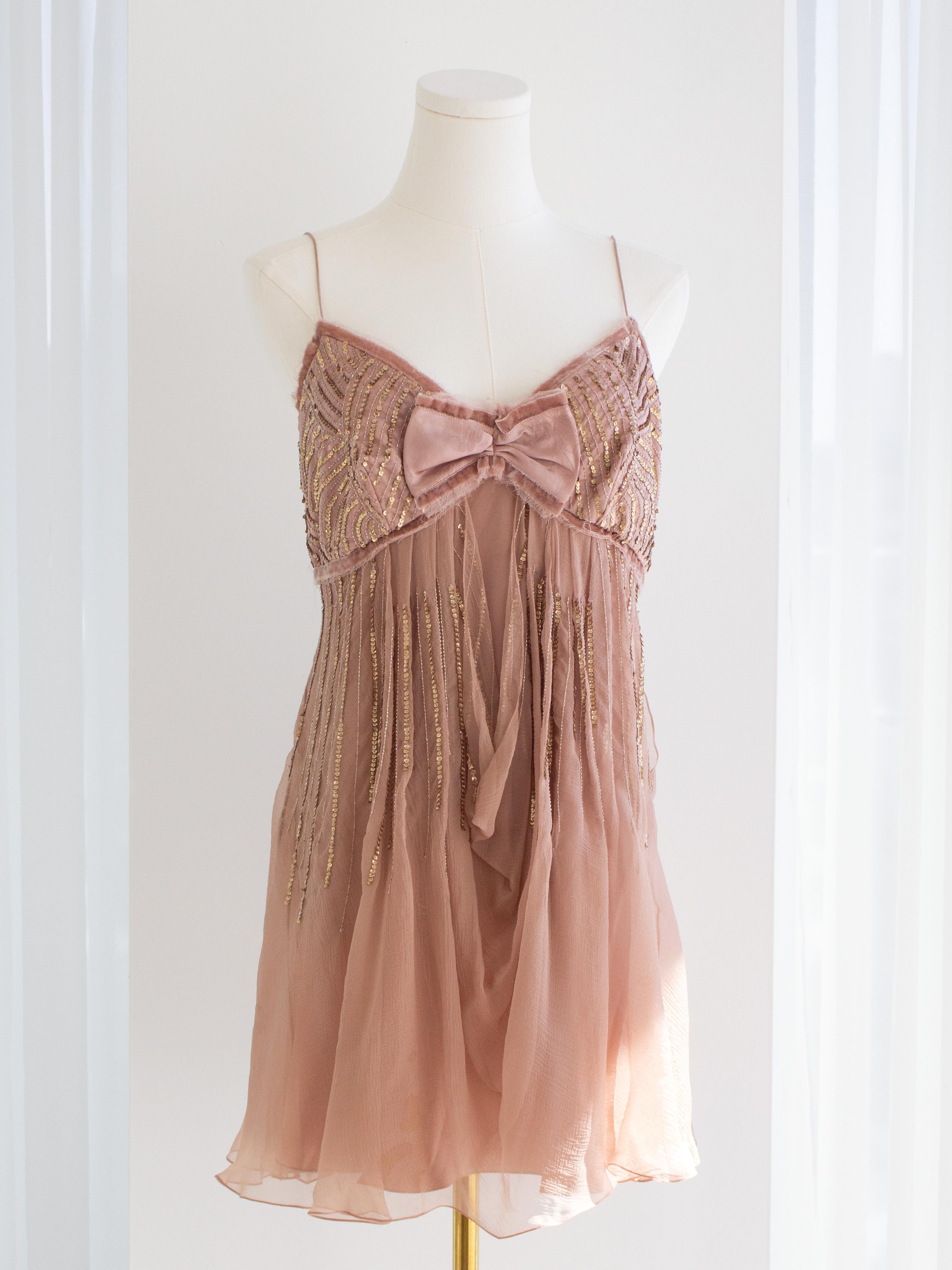 Brown Christian Dior Vintage Galliano F/W 2005 Pink Bow Embellished Mini Dress For Sale
