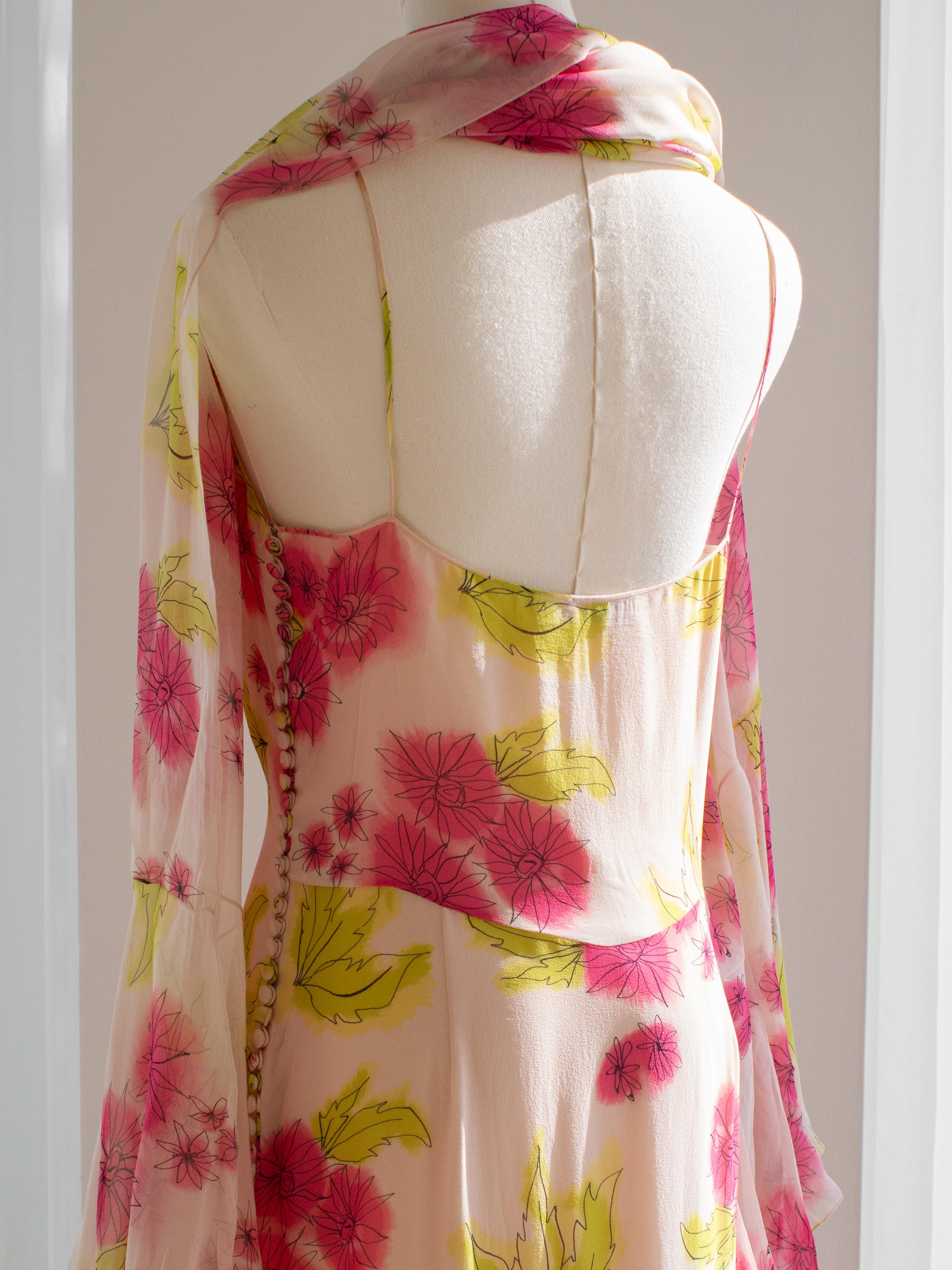 Christian Dior Vintage Galliano Pink Green Floral Silk Ruffled Midi Scarf Dress 6