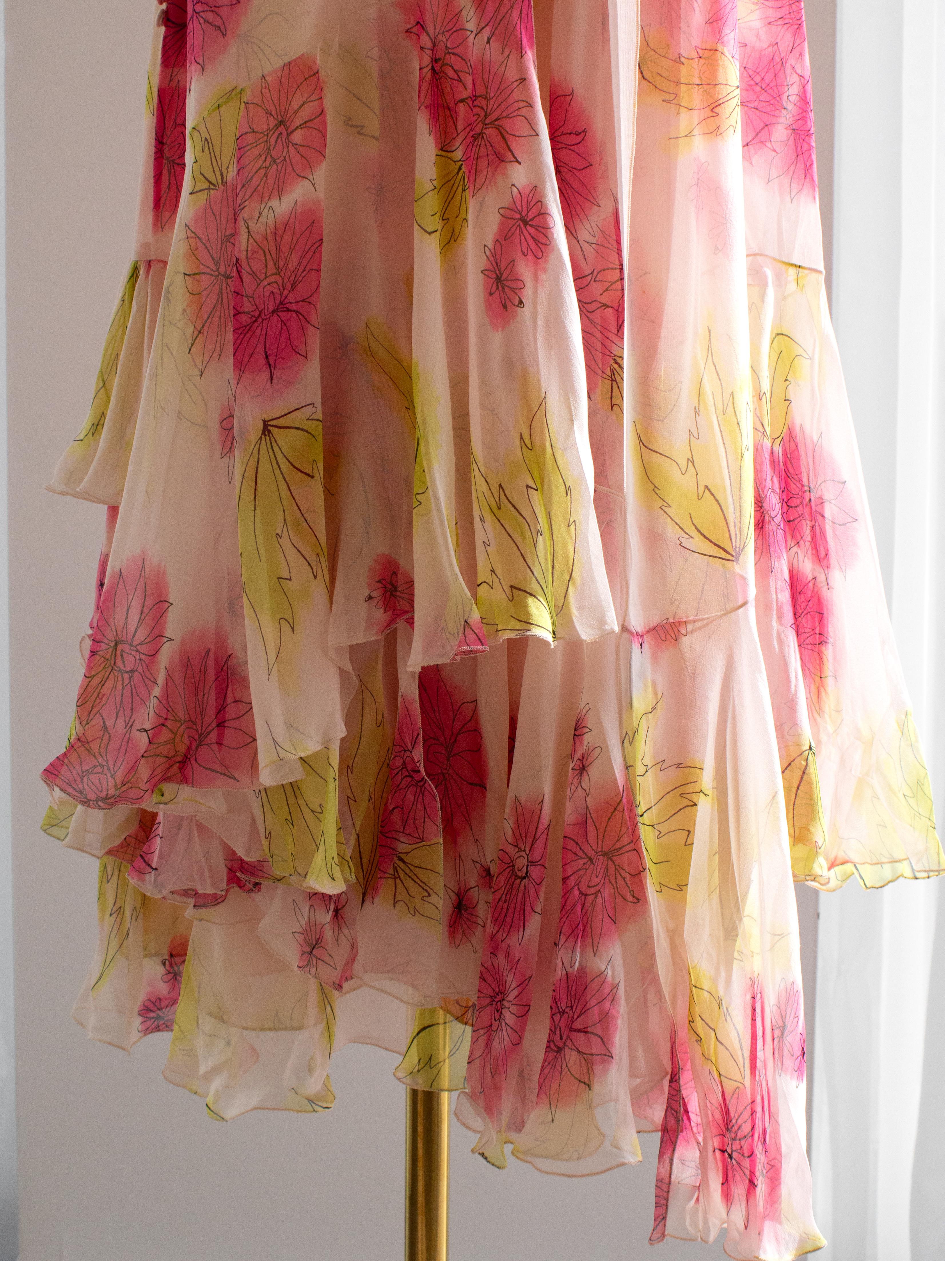 Christian Dior Vintage Galliano Pink Green Floral Silk Ruffled Midi Scarf Dress 7