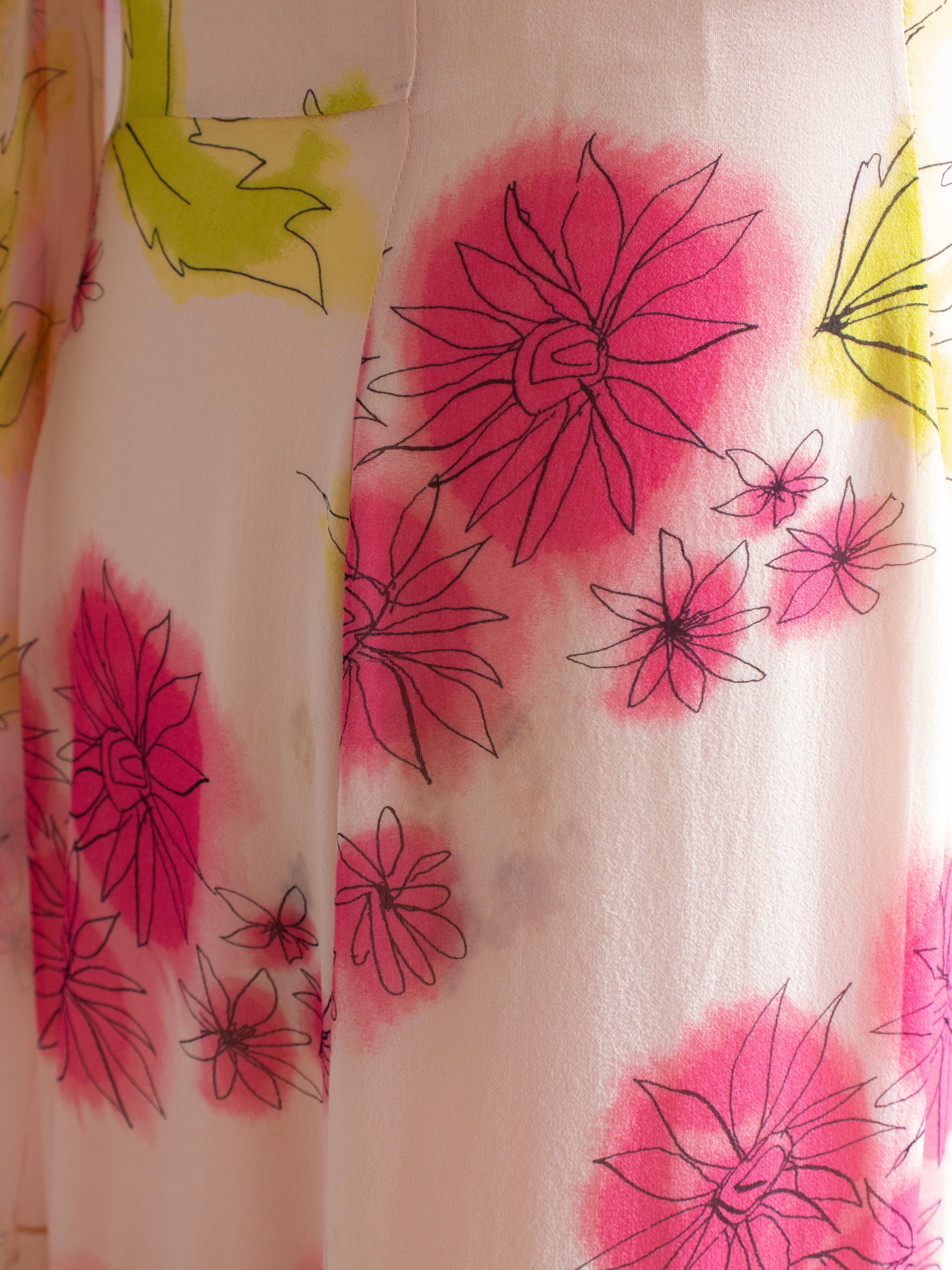 Christian Dior Vintage Galliano Pink Green Floral Silk Ruffled Midi Scarf Dress 8