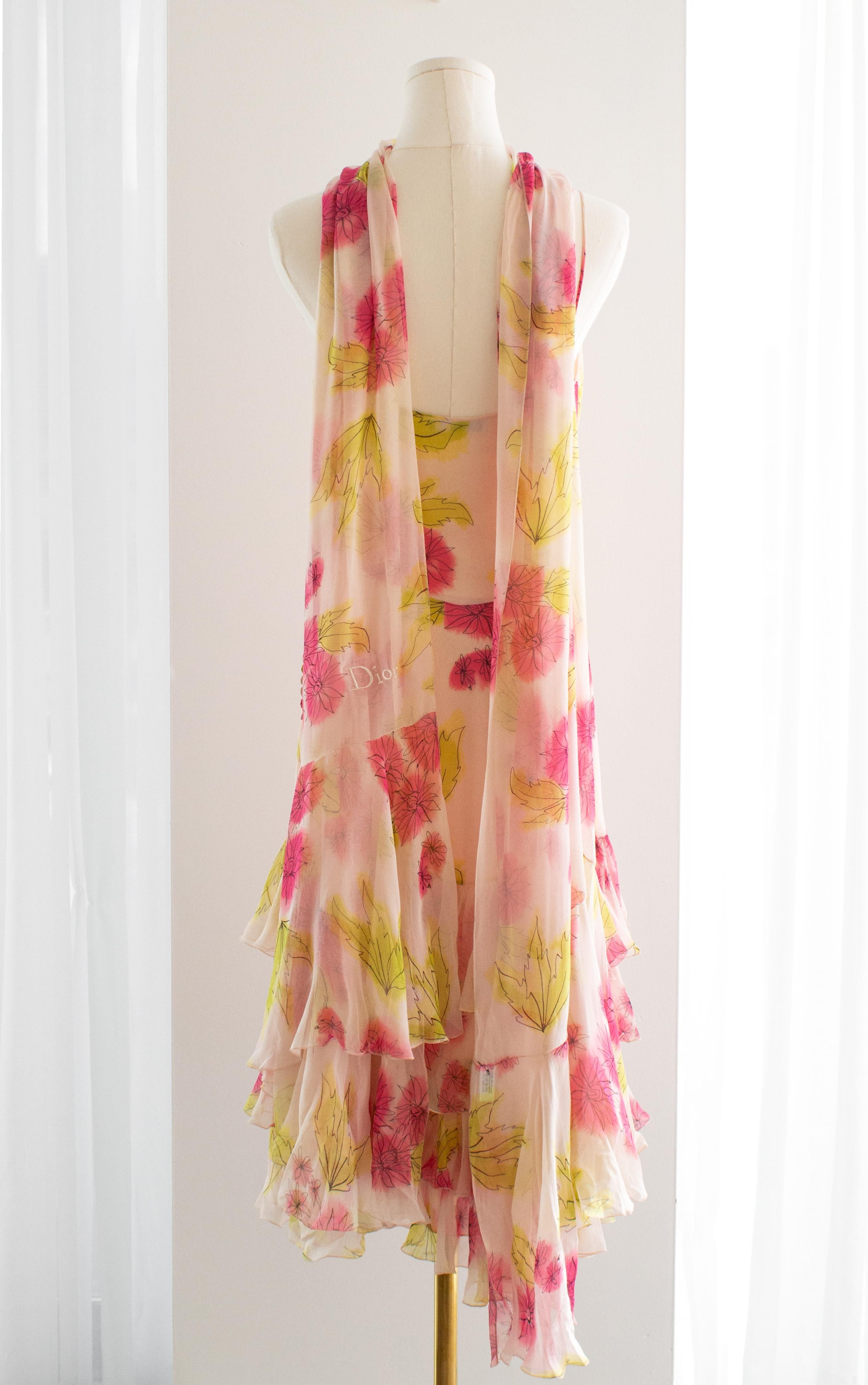 Beige Christian Dior Vintage Galliano Pink Green Floral Silk Ruffled Midi Scarf Dress