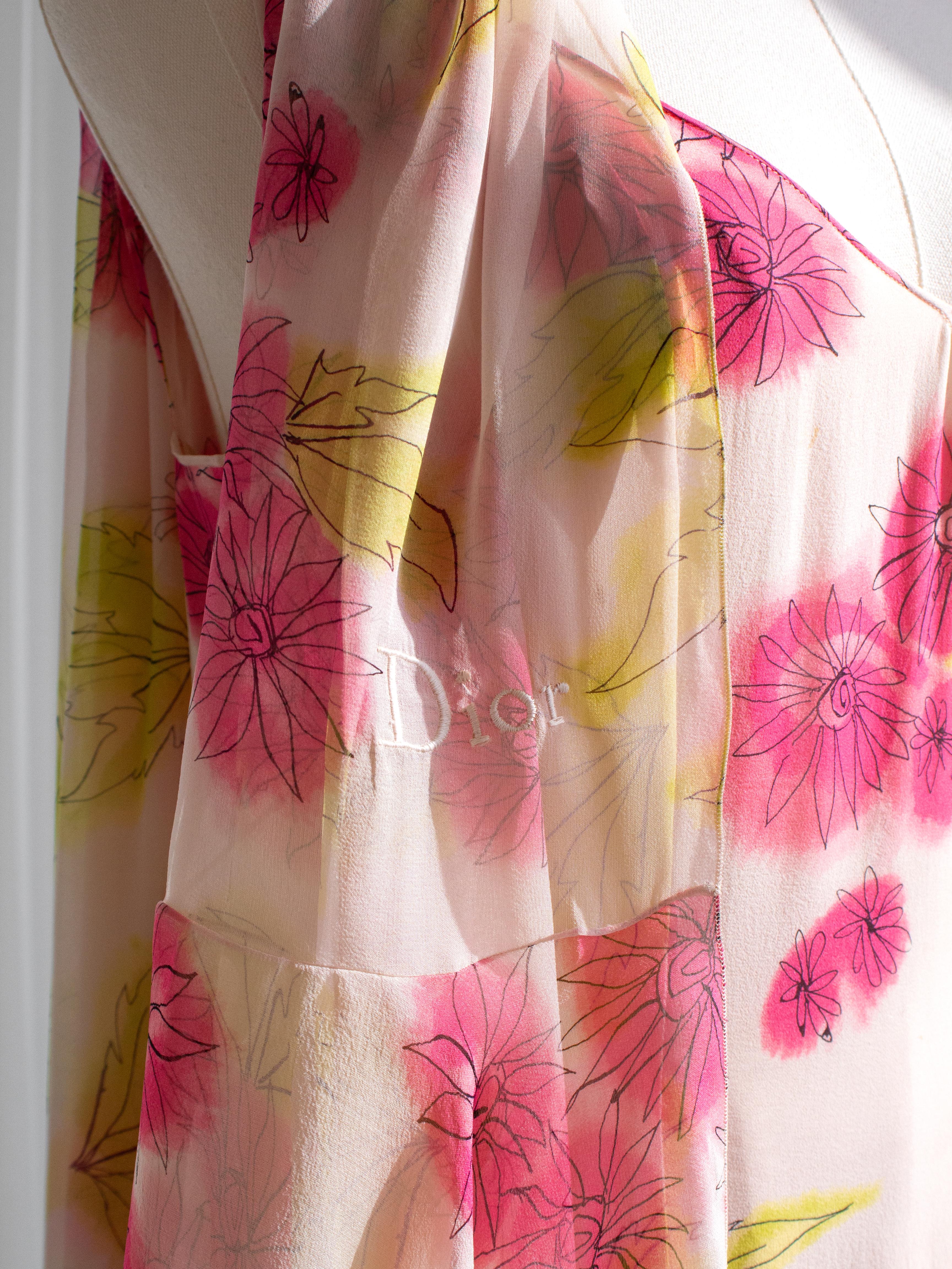 Christian Dior Vintage Galliano Pink Green Floral Silk Ruffled Midi Scarf Dress In Good Condition In Jersey City, NJ