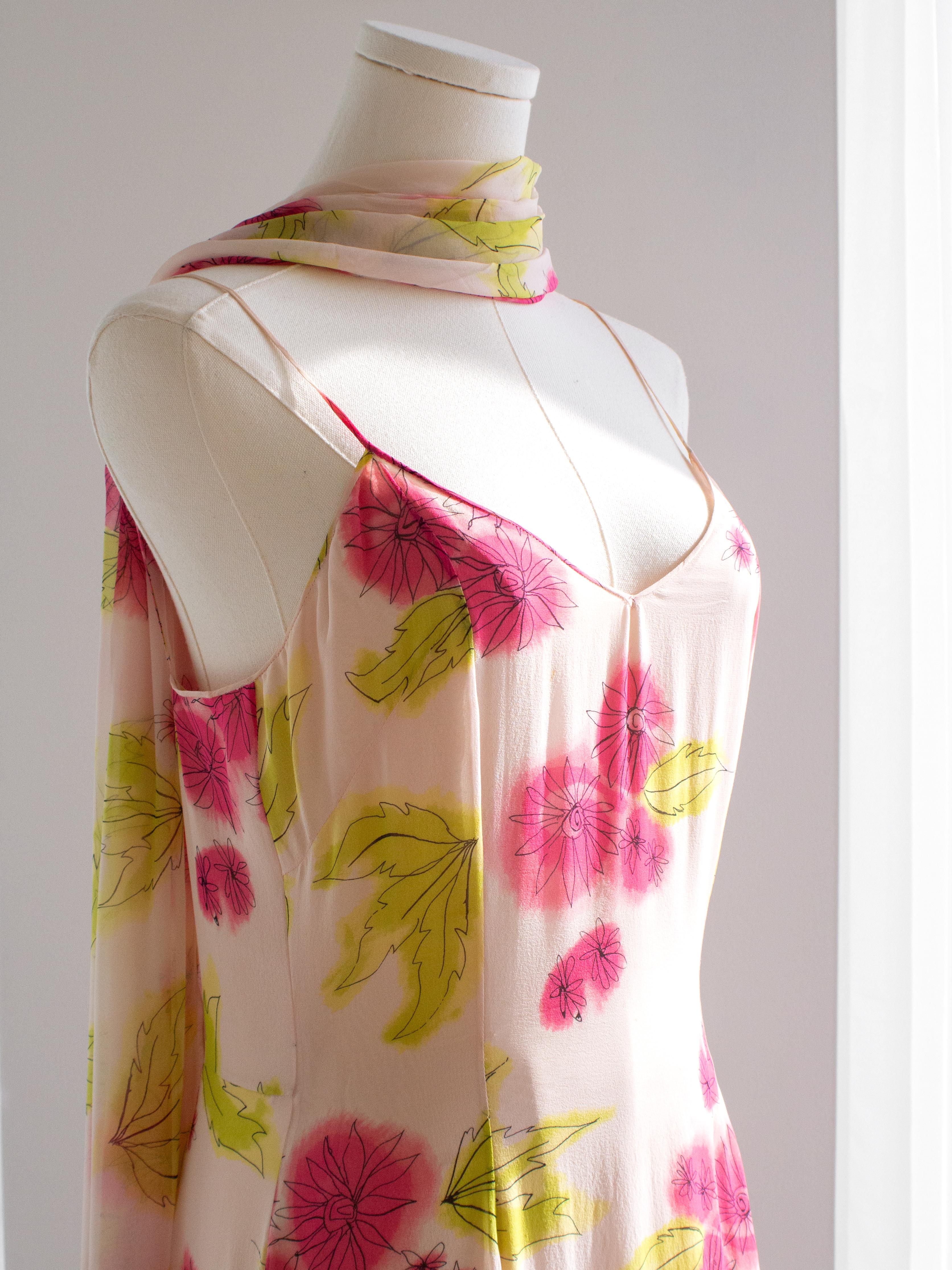 Women's Christian Dior Vintage Galliano Pink Green Floral Silk Ruffled Midi Scarf Dress