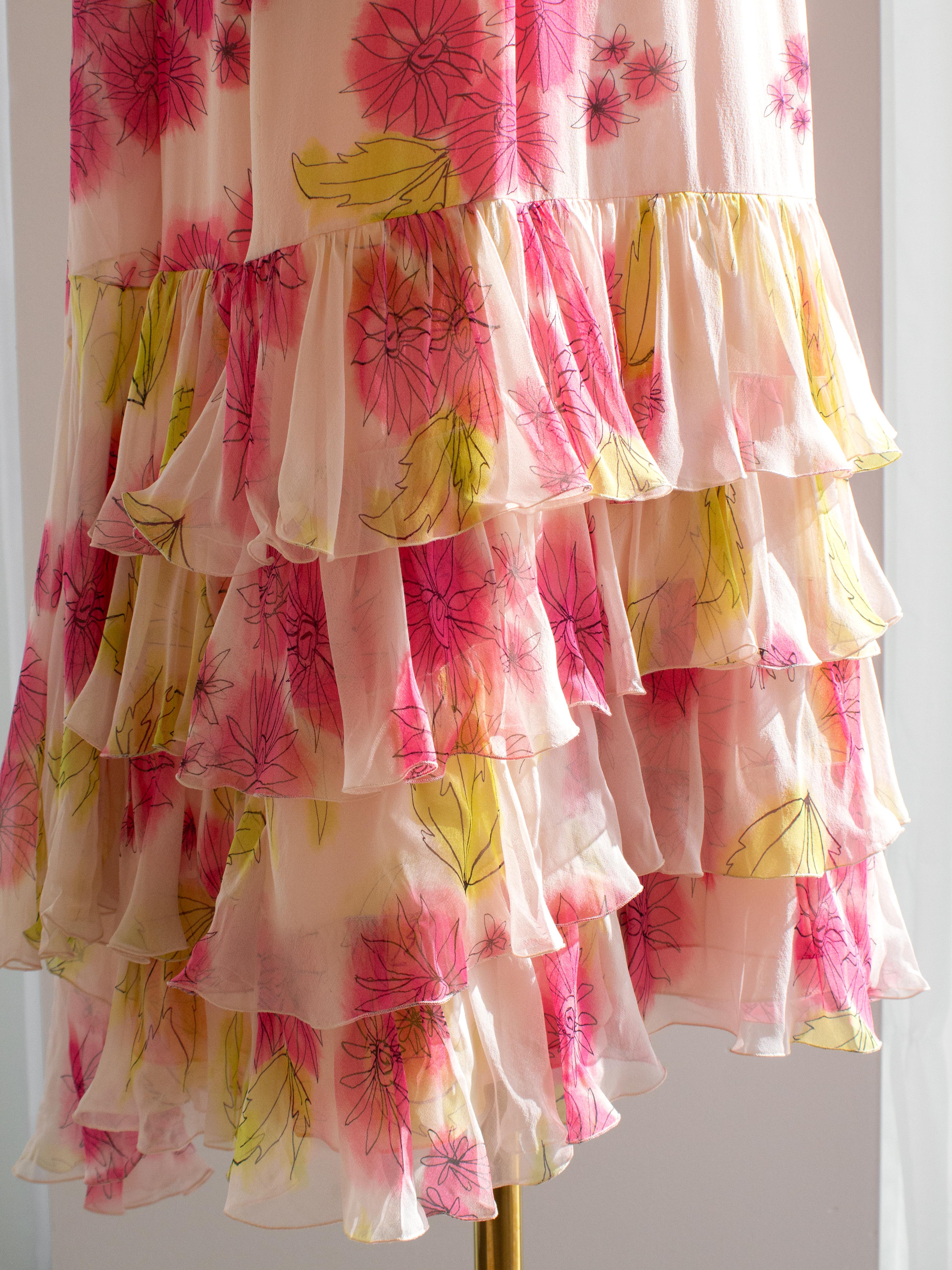 Christian Dior Vintage Galliano Pink Green Floral Silk Ruffled Midi Scarf Dress 1