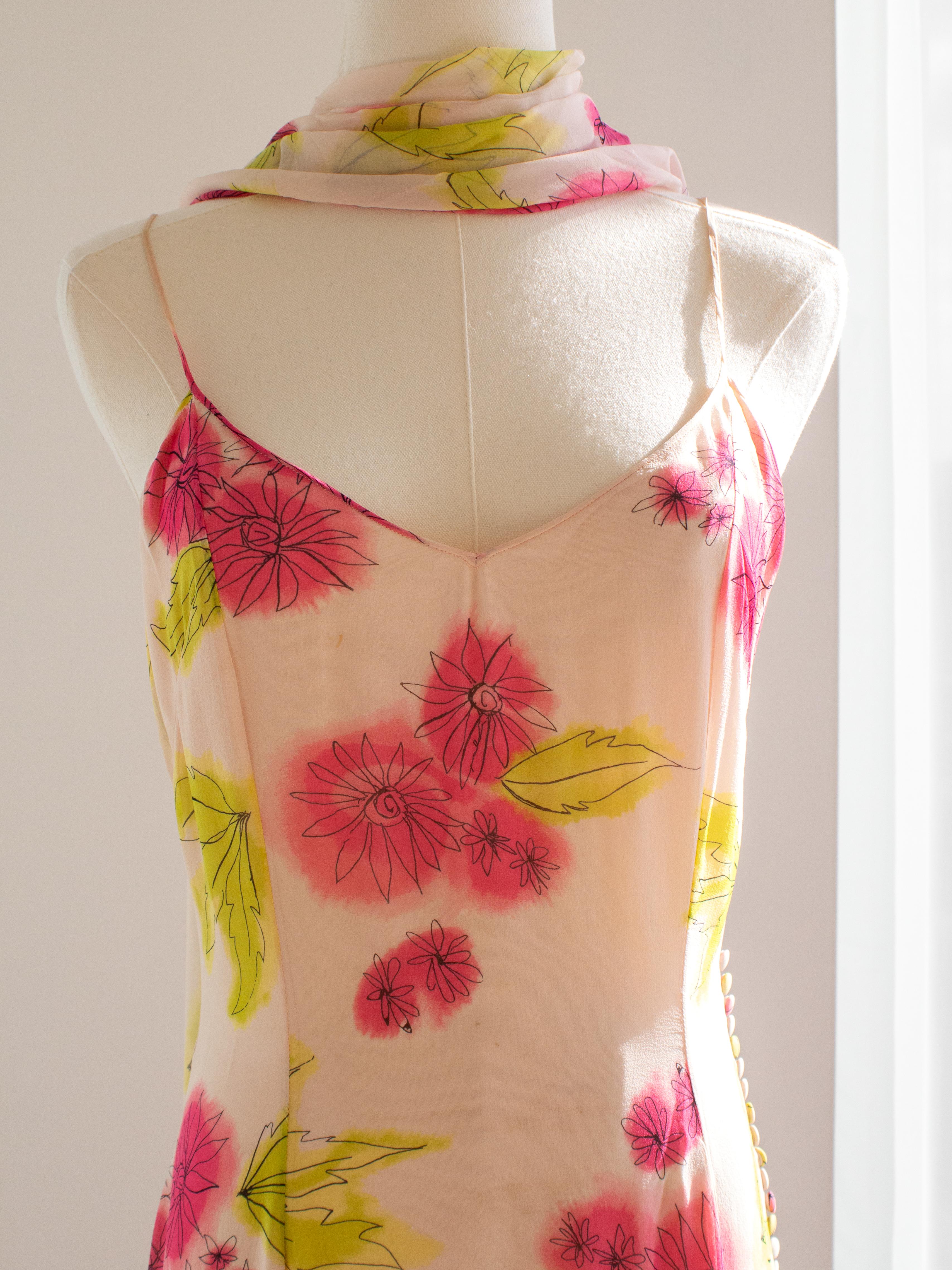 Christian Dior Vintage Galliano Pink Green Floral Silk Ruffled Midi Scarf Dress 2