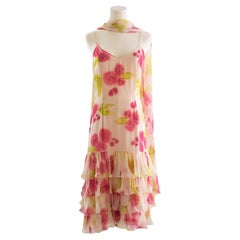 Christian Dior Vintage Galliano Pink Green Floral Silk Ruffled Midi Scarf Dress