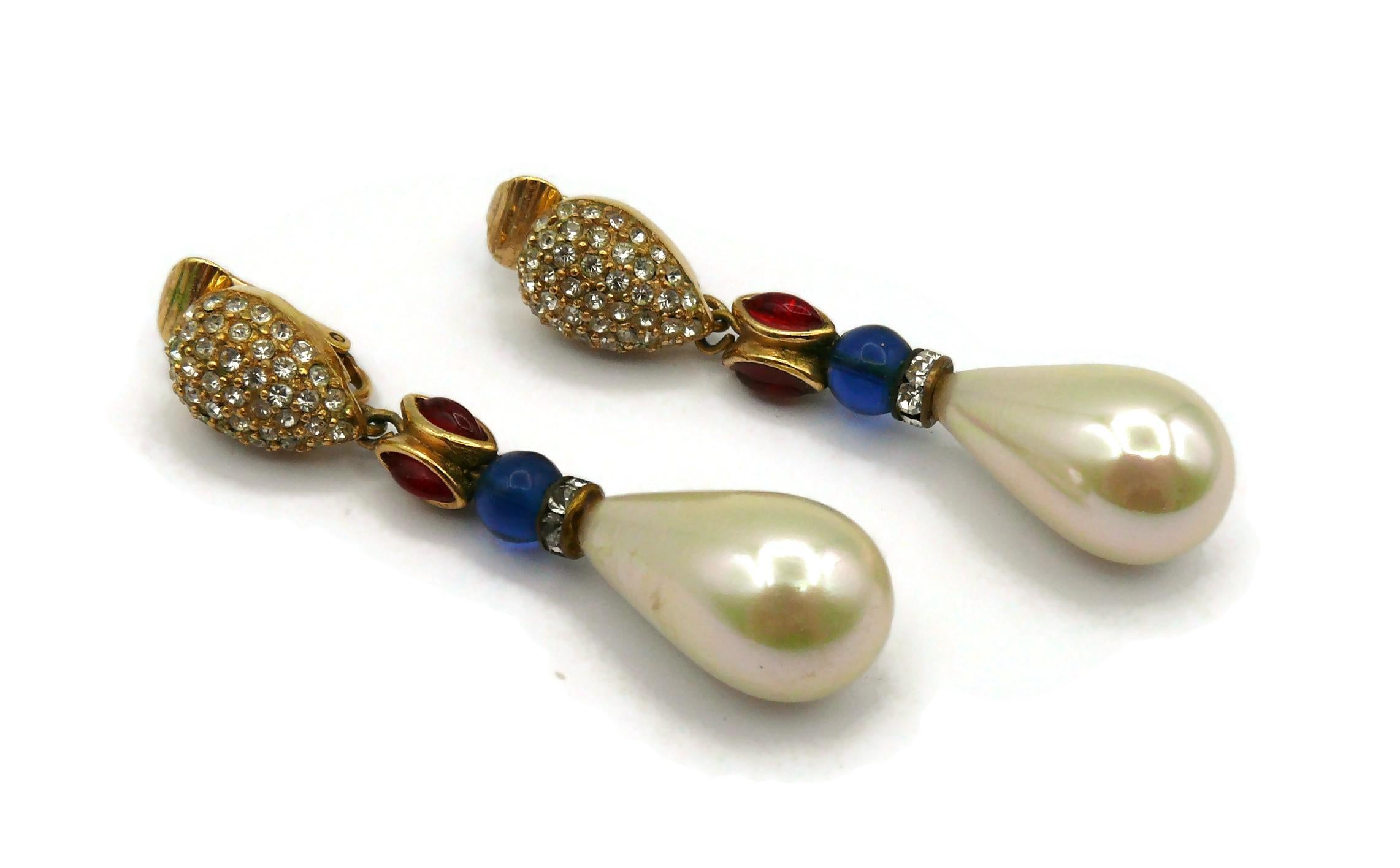 CHRISTIAN DIOR Vintage Glass & Faux Pearl Jewelled Dangling Earrings In Good Condition For Sale In Nice, FR