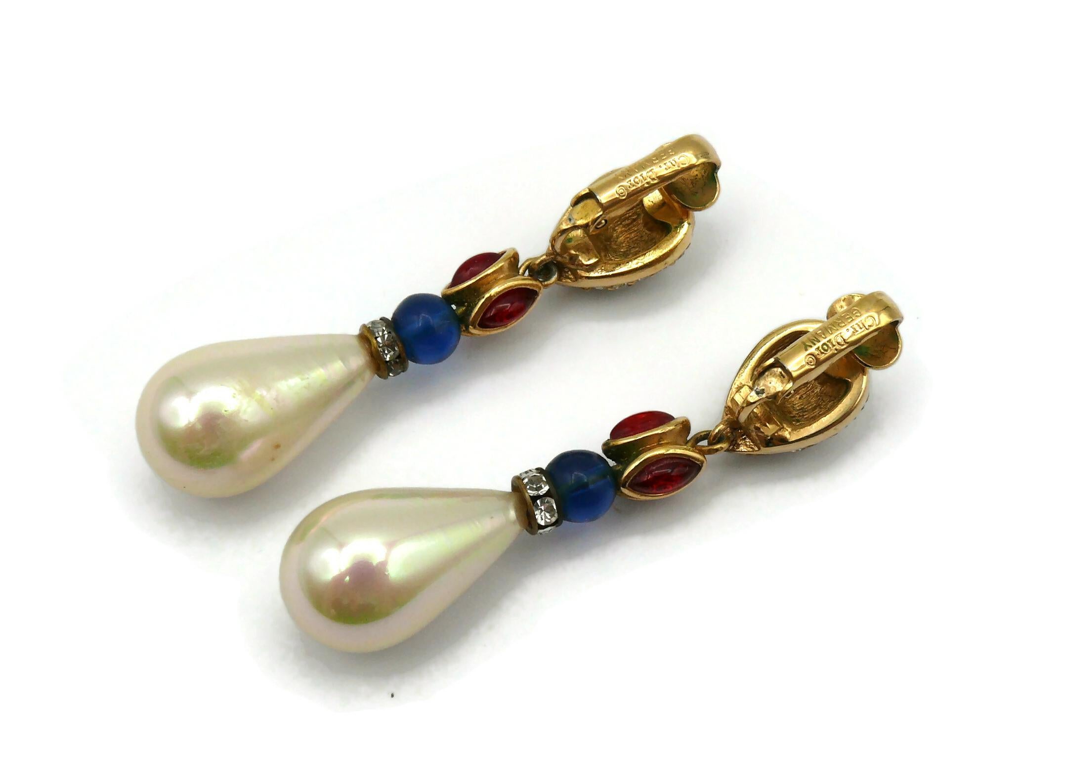 CHRISTIAN DIOR Vintage Glass & Faux Pearl Jewelled Dangling Earrings For Sale 1