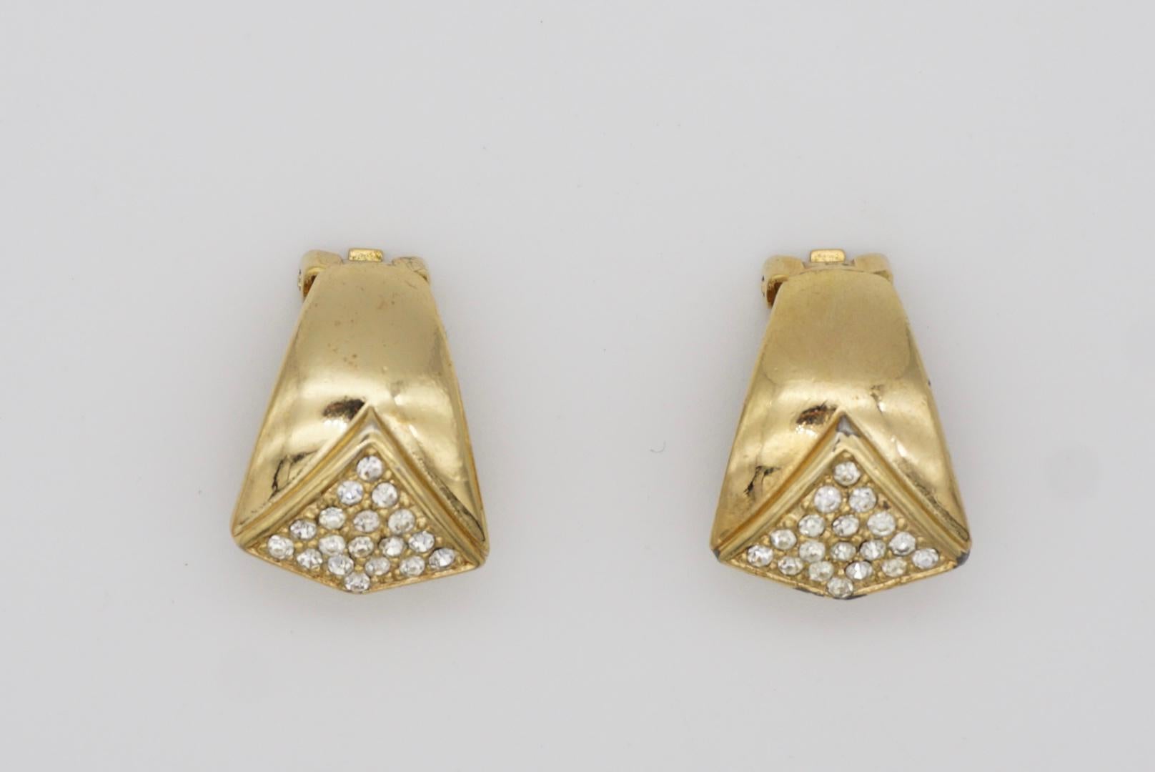Christian Dior Vintage Glow Rectangle Triangle Crystal Domed Gold Clip Earrings For Sale 3