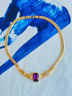Christian Dior Vintage Gold Amethyst Rectangle Octagon Bamboo Statement Necklace