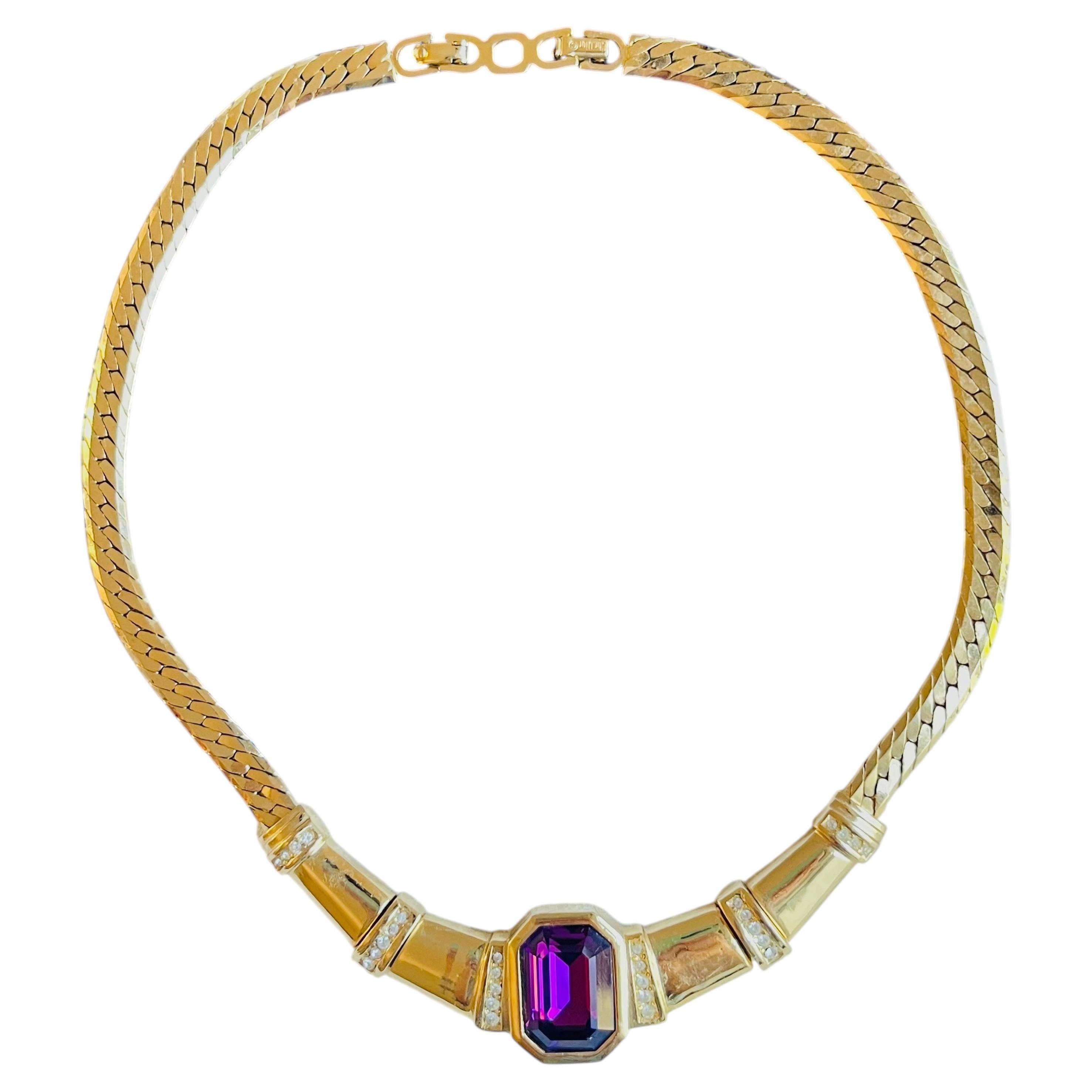 Christian Dior Vintage Gold Amethyst Rectangle Octagon Bamboo Statement Necklace For Sale