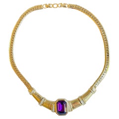 Christian Dior Vintage Gold Amethyst Rectangle Octagon Bamboo Statement Necklace