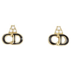 Christian Dior Vintage Gold Black Crystals Monogram Logo CD Pierced Earrings