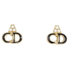 Christian Dior Vintage Gold Black Crystals Monogram Logo CD Pierced Earrings