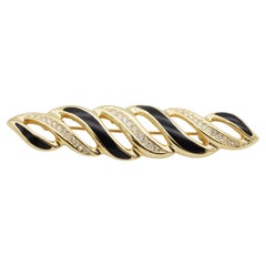 Christian Dior Vintage Gold Black Crystals Swirl Twist Openwork Long Brooch