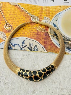 Christian Dior Vintage Gold Black Leopard Wide Woven Omega Chunky Necklace
