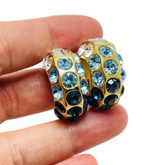 CHRISTIAN DIOR Vintage Goldblaue Designer-Laufsteg-Ohrclips aus klarem Kristall