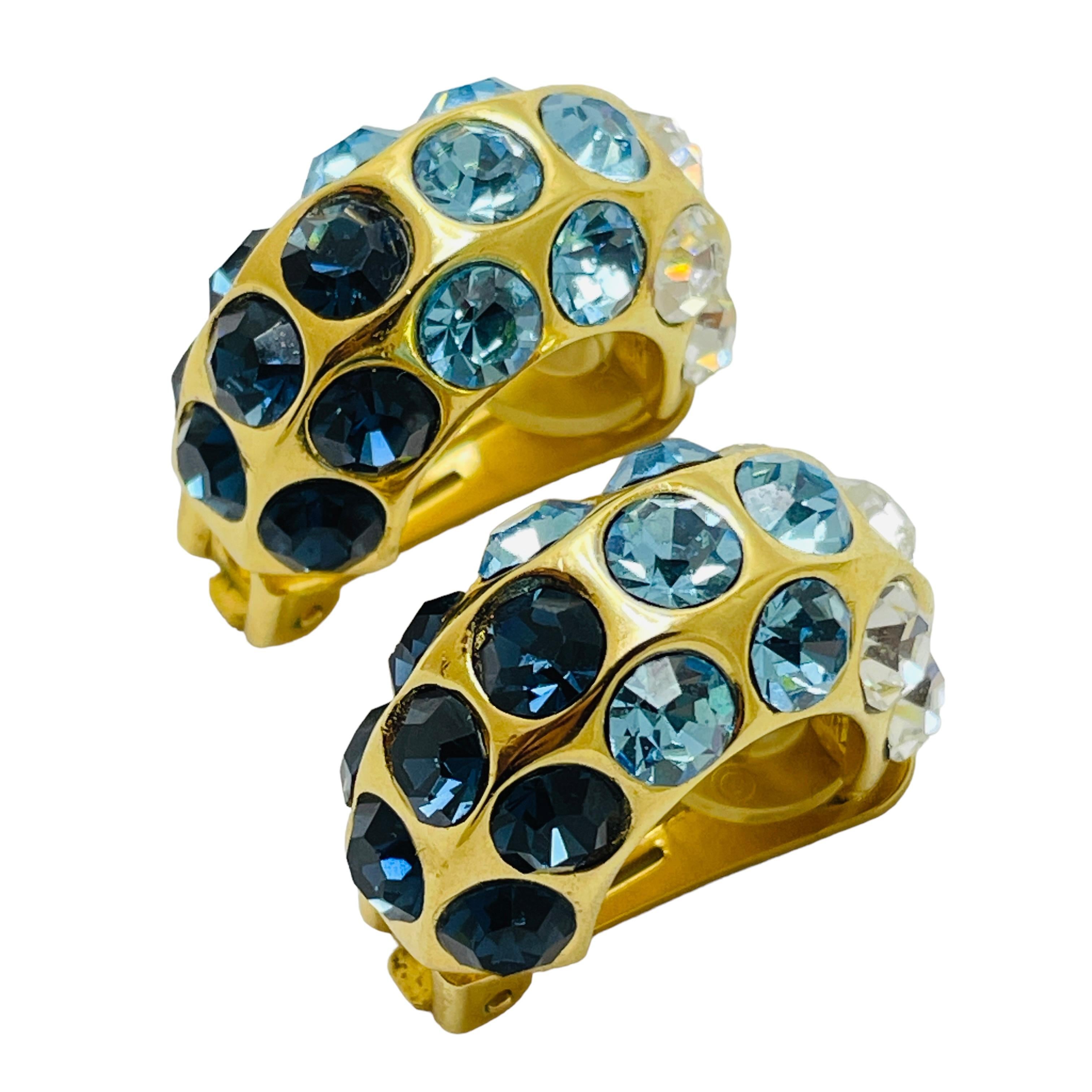 CHRISTIAN DIOR vintage gold blue clear crystal designer runway clip on earrings For Sale 1
