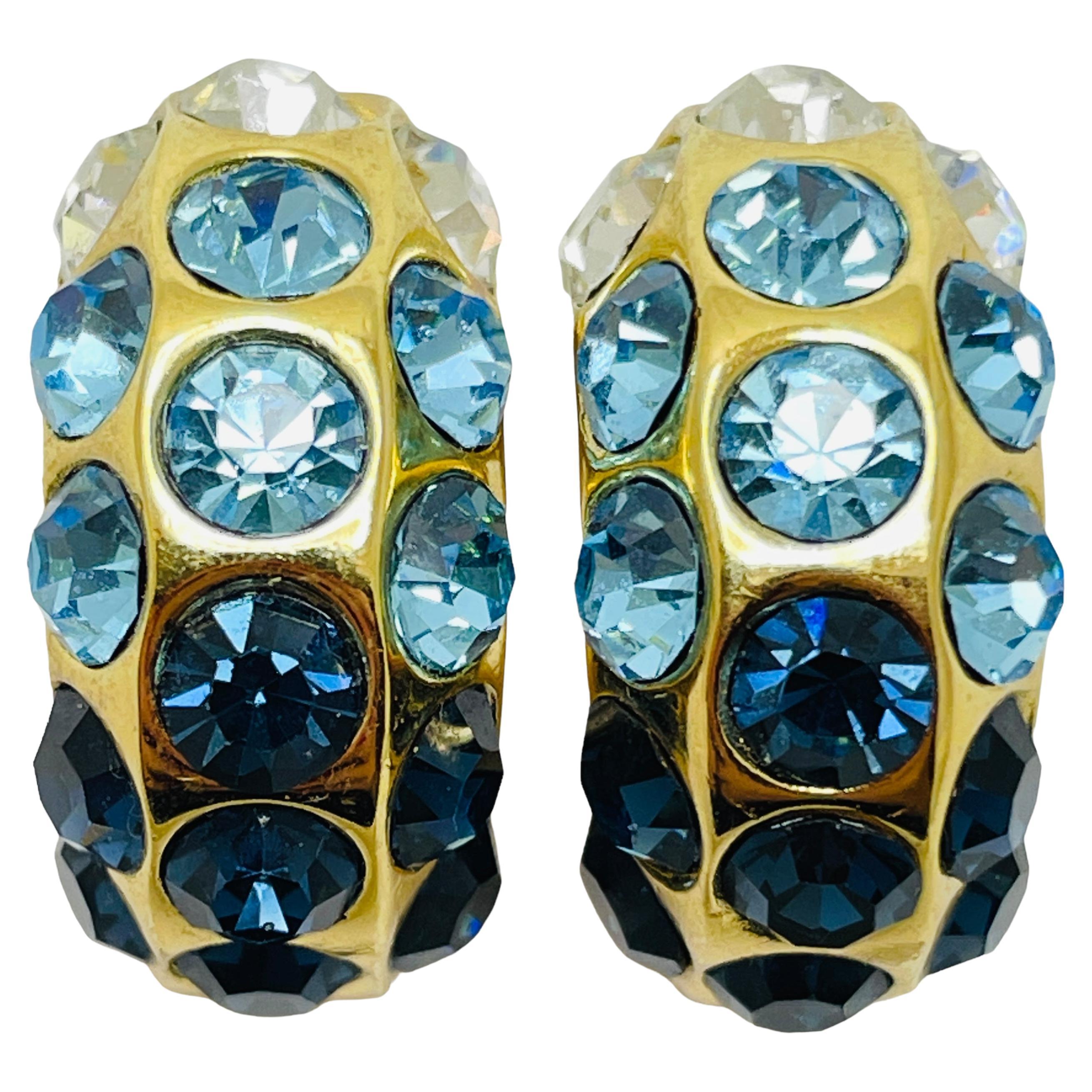 CHRISTIAN DIOR vintage gold blue clear crystal designer runway clip on earrings For Sale