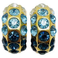 CHRISTIAN DIOR vintage gold blue clear crystal designer runway clip on earrings