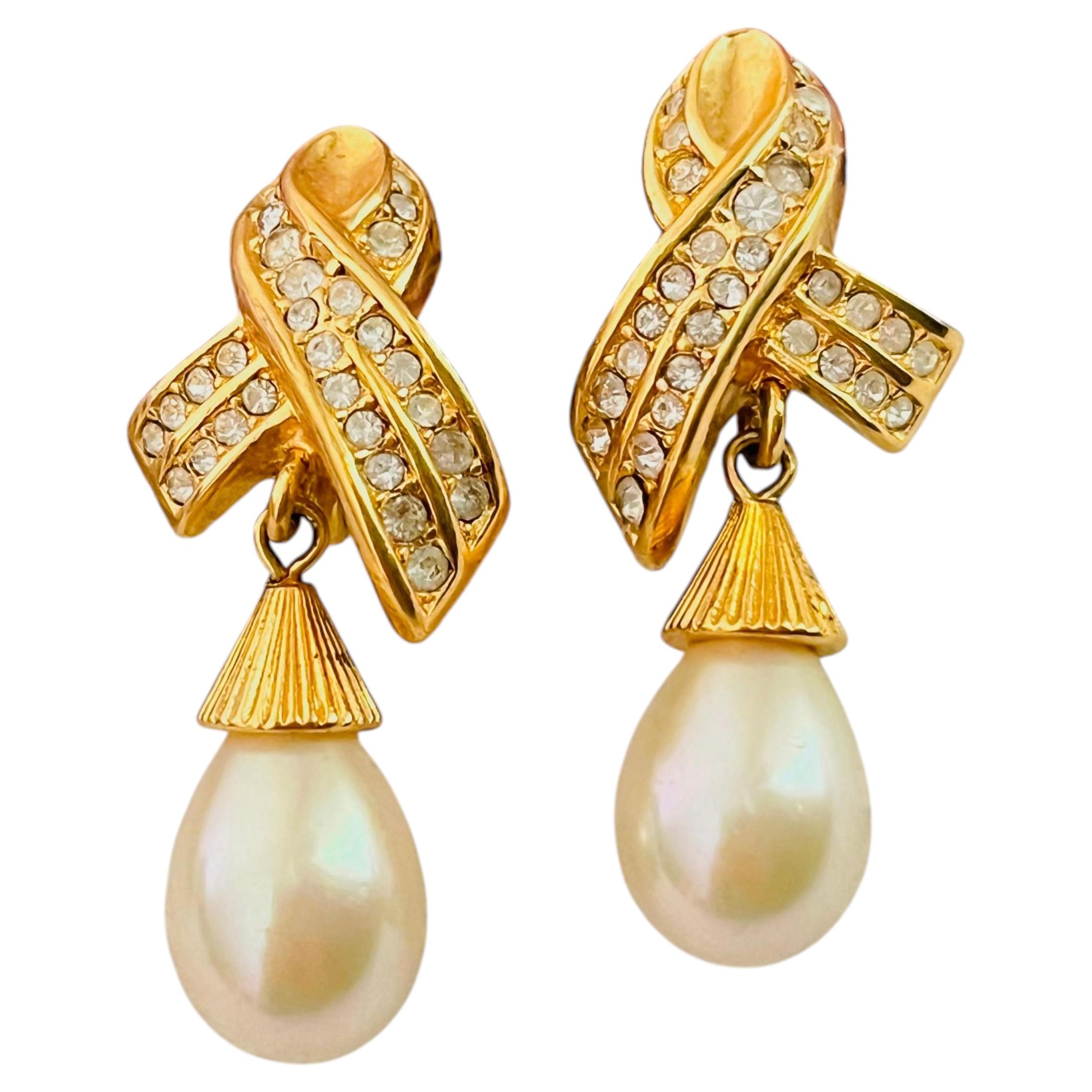 Christian Dior Vintage Gold Bow Cross White Pearl Crystals Water Drop Earrings