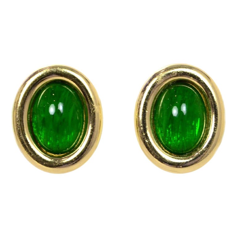 Christian Dior Vintage Gold ClipOn Earrings W/ Green Center at 1stDibs