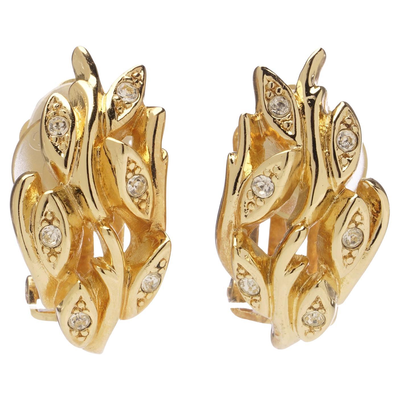 Christian Dior Vintage Gold Clip-On Earrings with Crystals For Sale