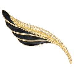Christian Dior Vintage Gold Crystals Black Enamel Leaf Feather Chunky Brooch