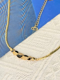 Christian Dior Vintage Gold Crystals Black Enamel Leaf Flower Heart Necklace
