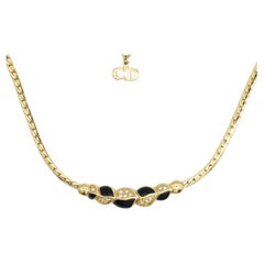 Christian Dior Vintage Gold Crystals Black Enamel Leaf Flower Heart Necklace