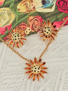 Christian Dior Vintage Gold Crystals Orange Black Clear Sunflower 2 Set
