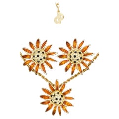 Christian Dior Vintage Gold Crystals Orange Black Clear Sunflower 2 Set