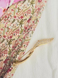 Christian Dior Vintage Gold Extra Long Crystals Glow Leaf Flame Spiral Brooch