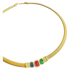 Christian Dior Vintage Gold Gripoix Sapphire Emerald Ruby Ribbed Omega Necklace