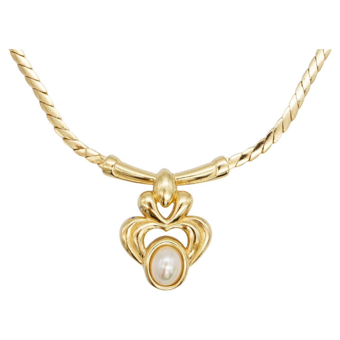 Christian Dior Vintage Gold Iris White Pearl Flower Openwork Pendant Necklace