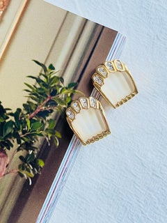 Christian Dior Vintage Gold Jelly Belly White Shell Frost Crystals Clip Earrings