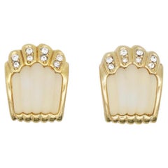 Christian Dior Vintage Gold Jelly Belly White Shell Frost Crystals Clip Earrings