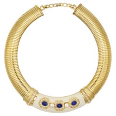 Christian Dior Vintage Gold Lapis Blue Crystals Wide Ribbed Omega Necklace