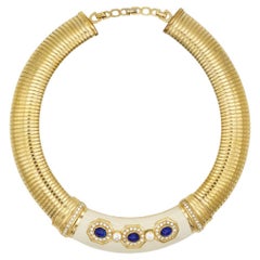 Christian Dior Vintage Gold Lapis Blue Crystals Wide Ribbed Omega Necklace