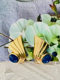 Christian Dior Vintage Gold Lapis Blue Oval Stone Foil Wing Feather Earrings